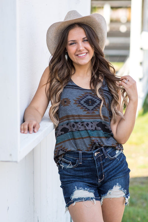 Charcoal Aztec Print Round Neck Tank