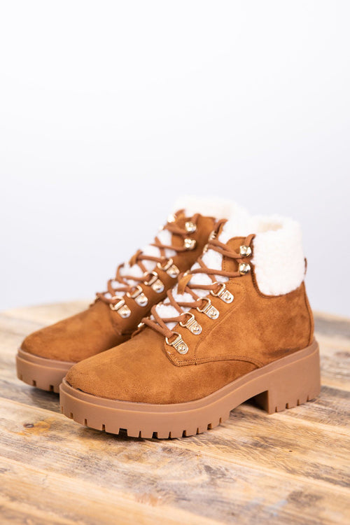 Camel Lace Up Sherpa Trim Boot