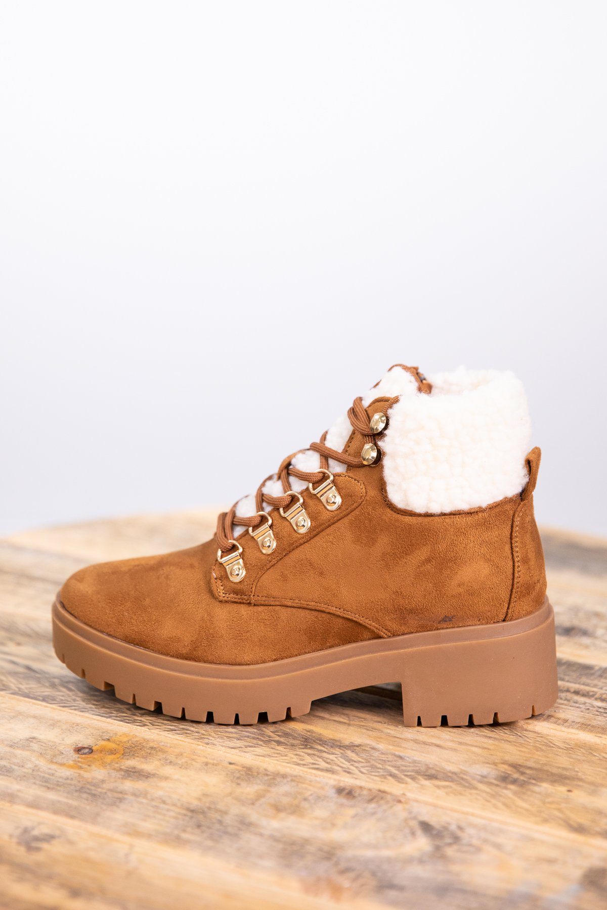 Camel Lace Up Sherpa Trim Boot