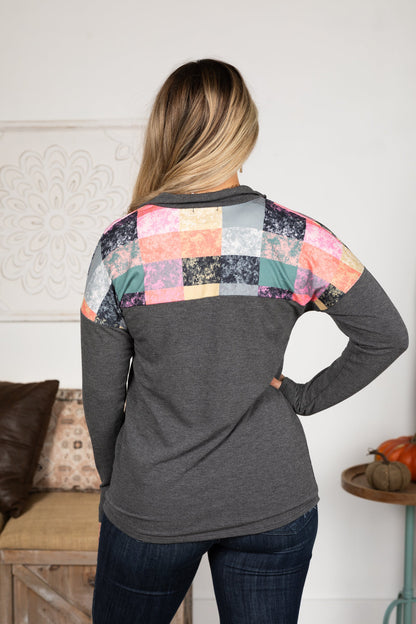 Charcoal Plaid Quarter Zip Knit Top