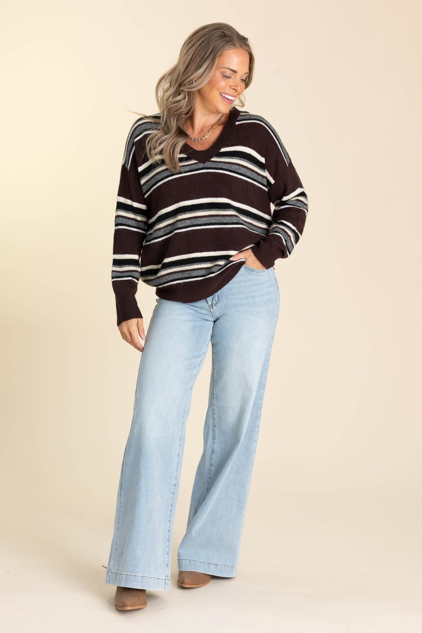 Brown Stripe Multicolor V-Neck Knit Sweater