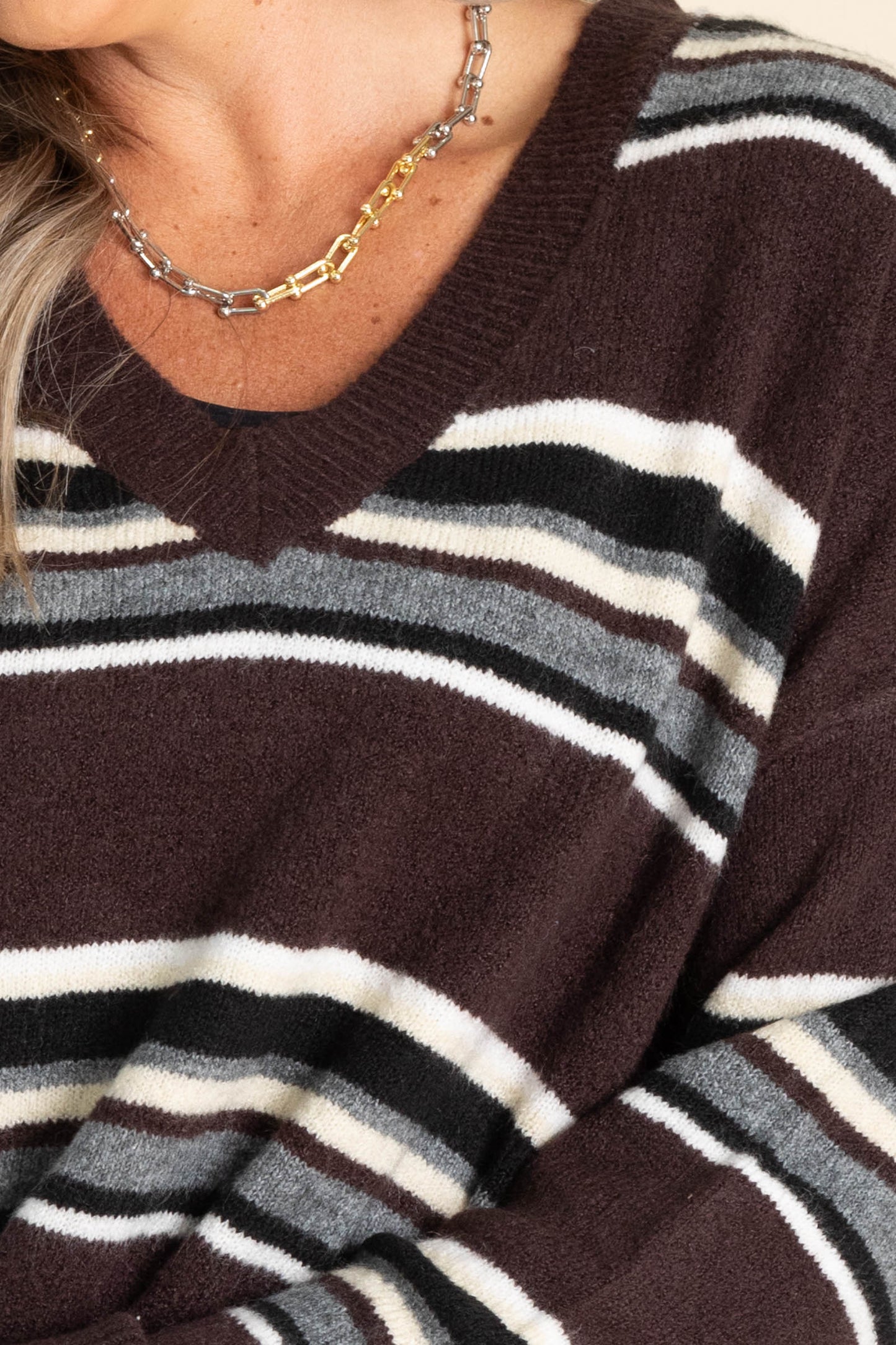 Brown Stripe Multicolor V-Neck Knit Sweater