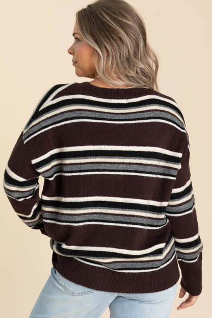 Brown Stripe Multicolor V-Neck Knit Sweater