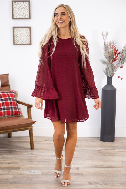 Burgundy Swiss Dot Flare Sleeve Dress