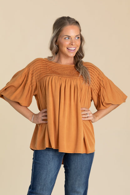 Burnt Orange Pintuck Woven Top