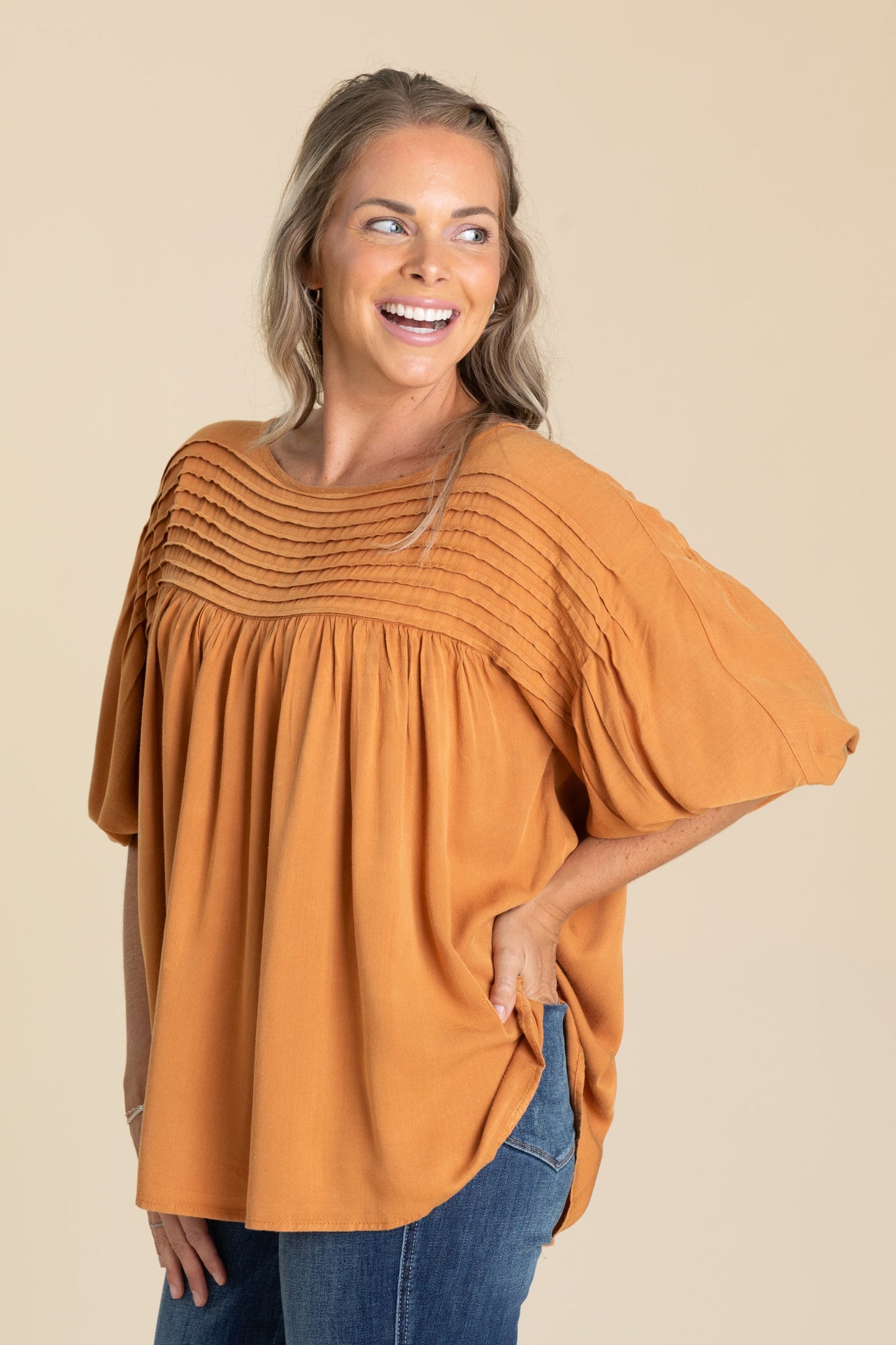 Burnt Orange Pintuck Woven Top