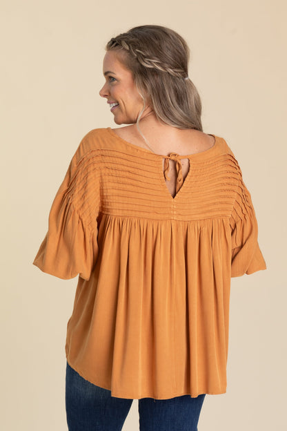 Burnt Orange Pintuck Woven Top