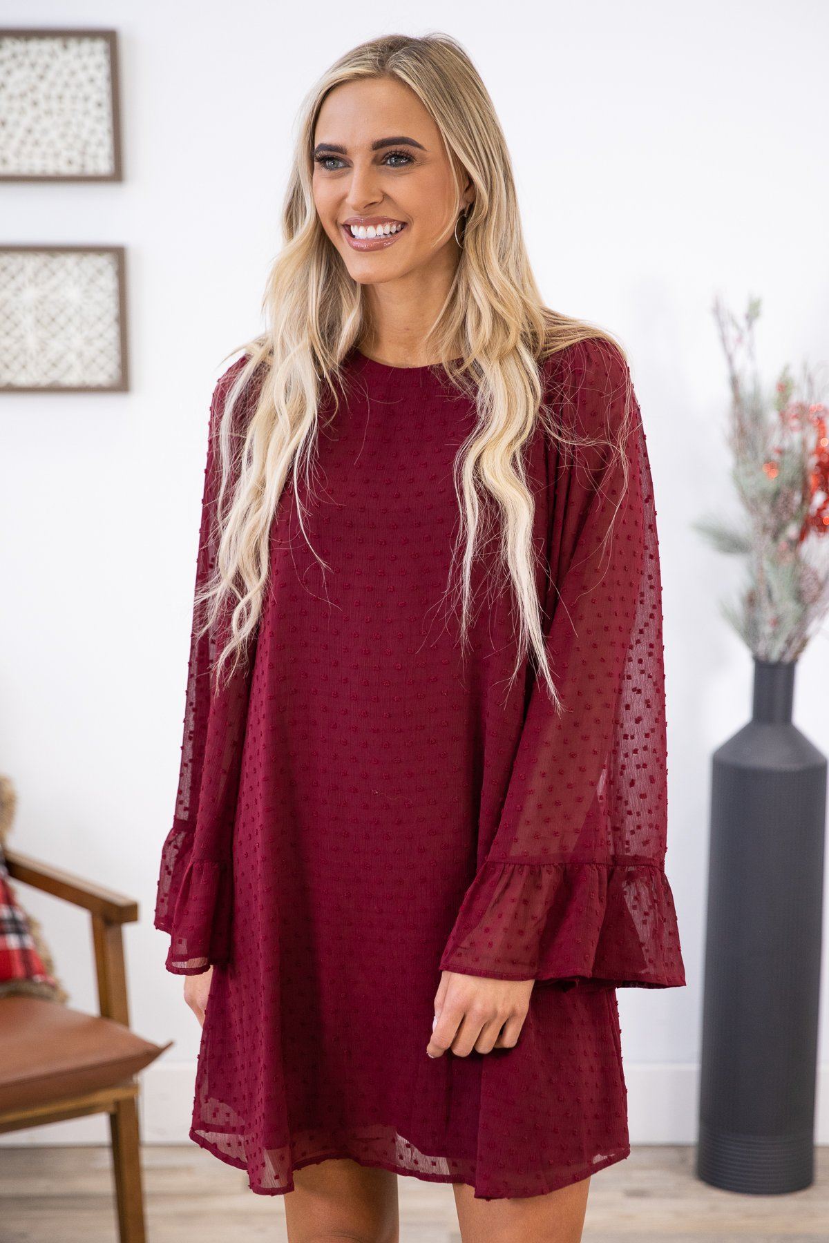 Burgundy Swiss Dot Flare Sleeve Dress