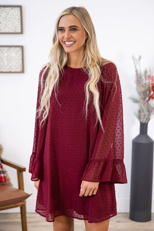 Burgundy Swiss Dot Flare Sleeve Dress