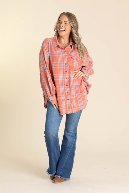 Coral Mineral Washed Plaid Button Up Top