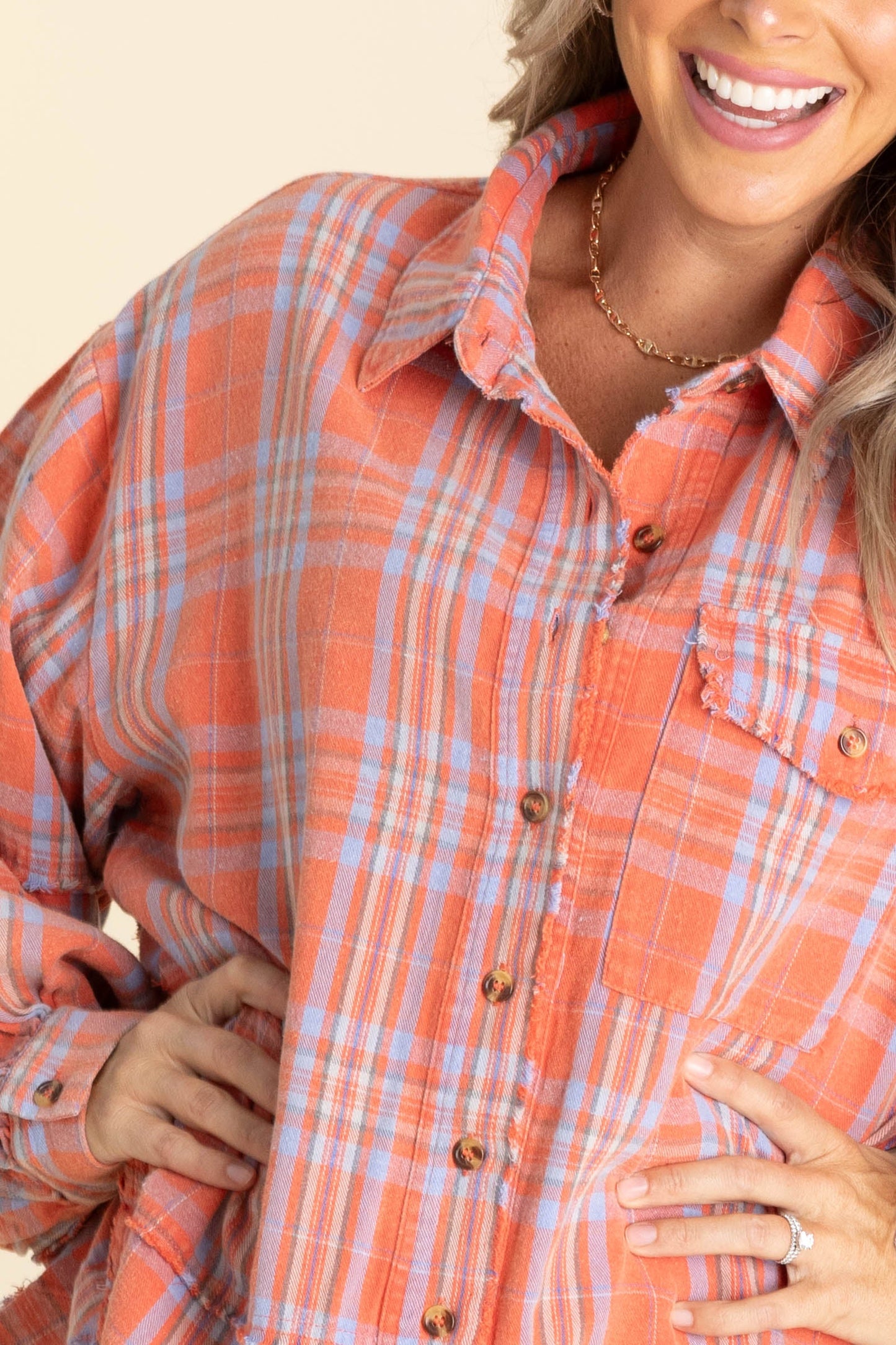 Coral Mineral Washed Plaid Button Up Top