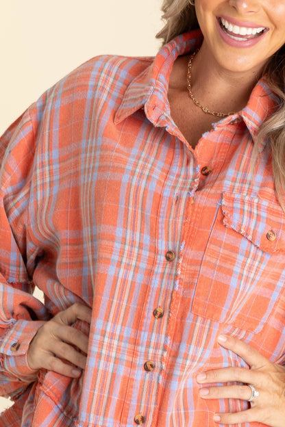Coral Mineral Washed Plaid Button Up Top