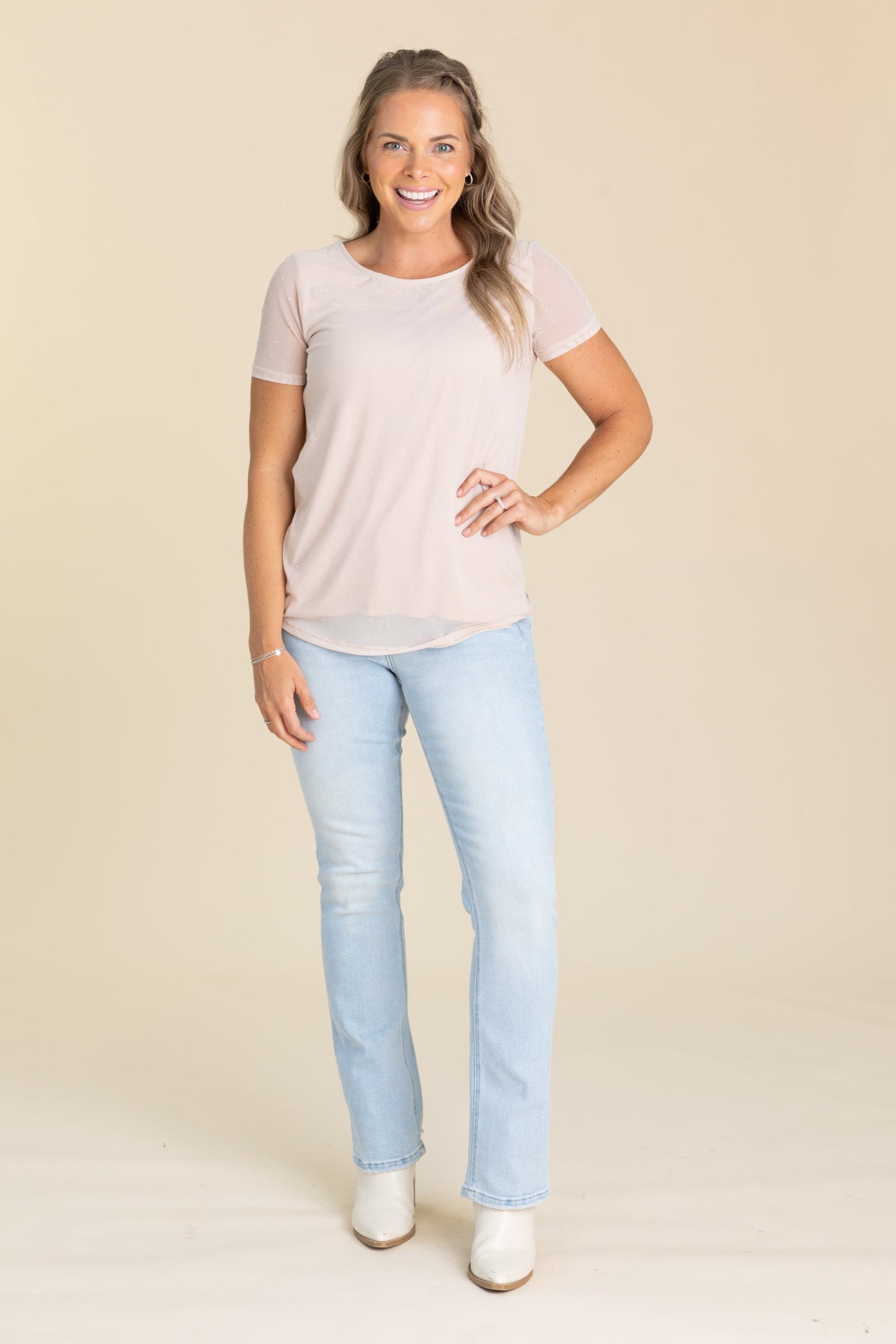 Champagne Mesh Stoned Front Short Sleeve Top