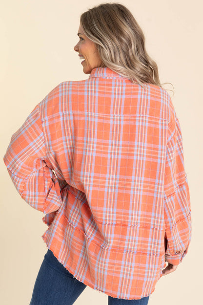 Coral Mineral Washed Plaid Button Up Top