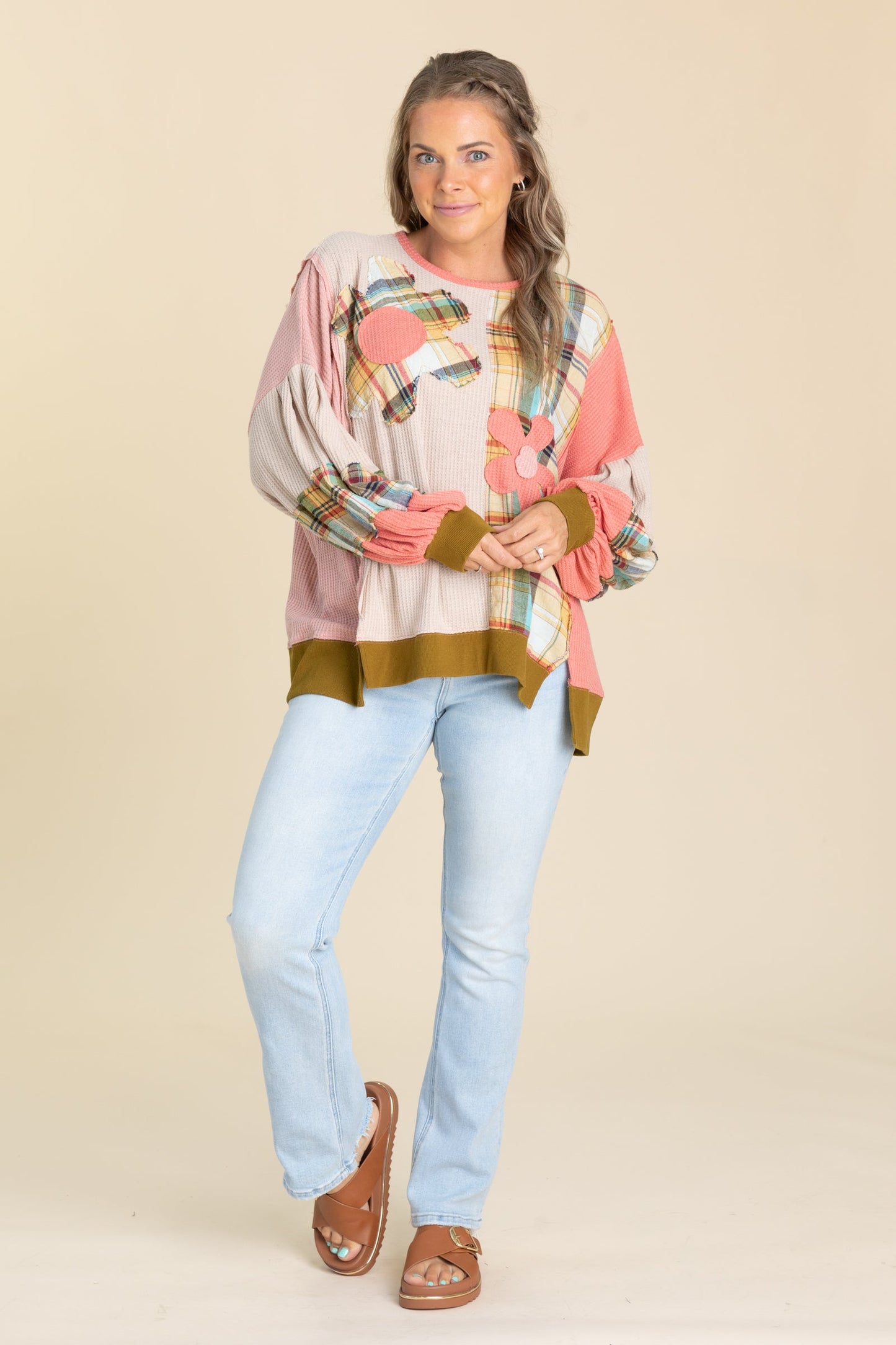 Coral Combo Plaid Daisy Patch Knit Top