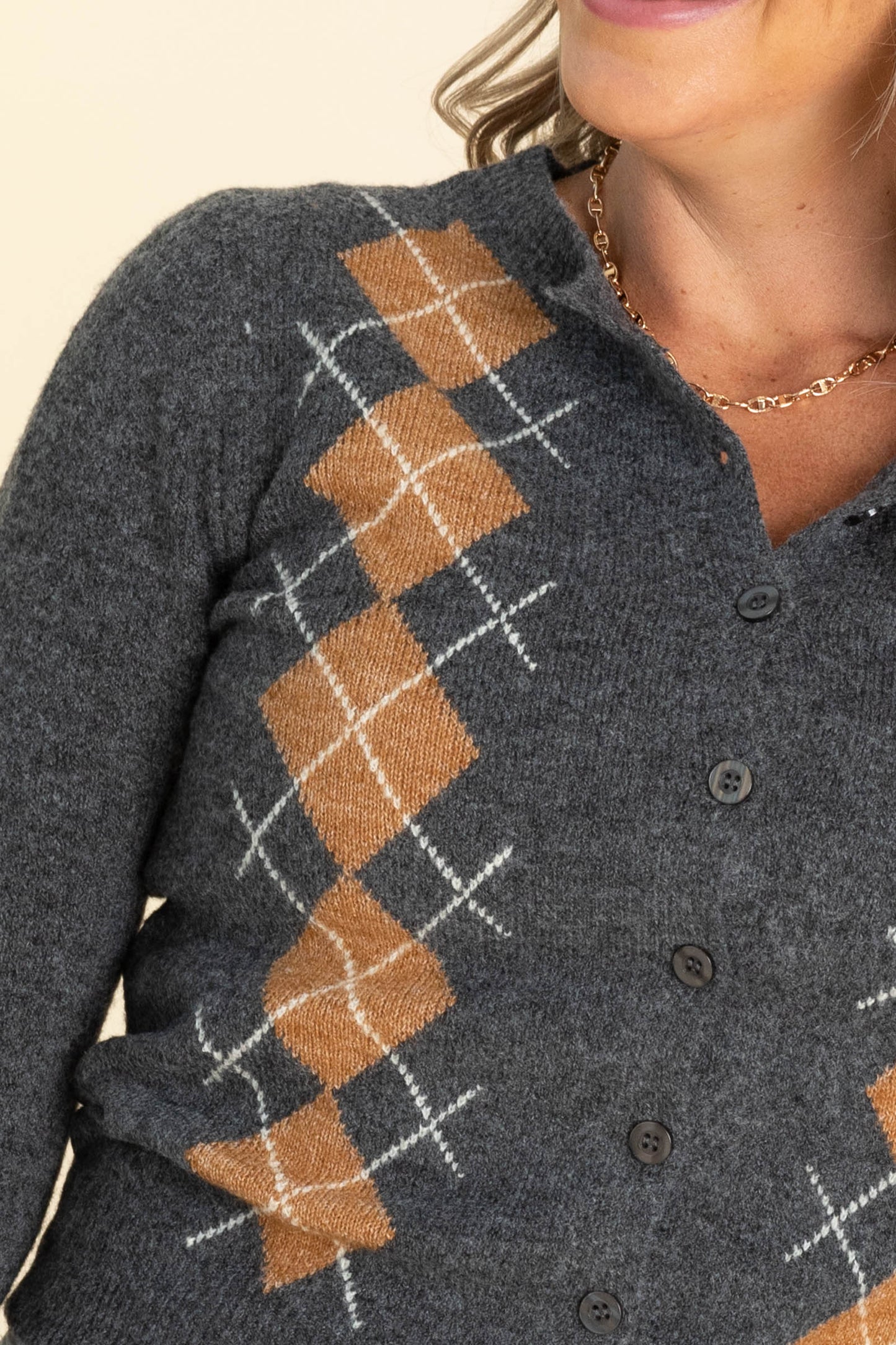 Charcoal Argyle Pattern Button Down Cardigan