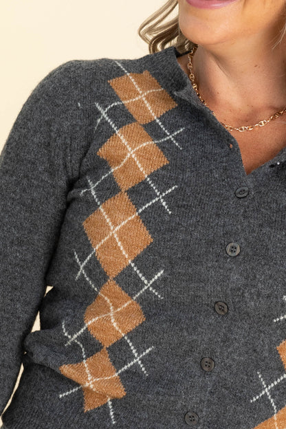Charcoal Argyle Pattern Button Down Cardigan