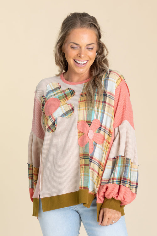 Coral Combo Plaid Daisy Patch Knit Top