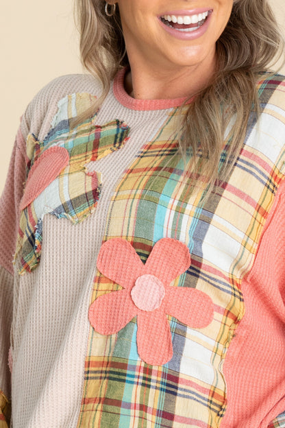 Coral Combo Plaid Daisy Patch Knit Top