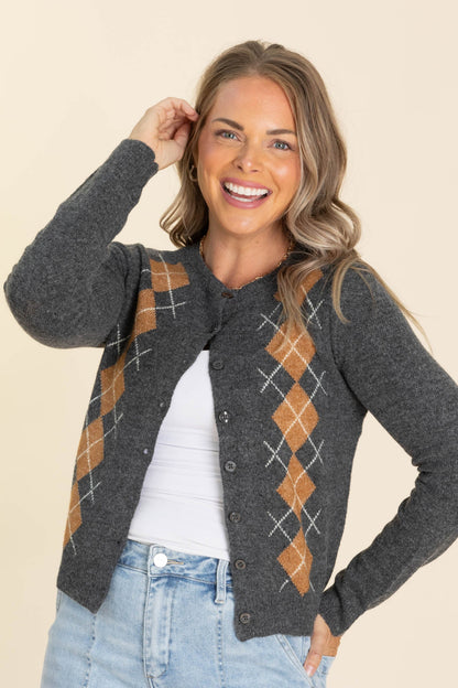Charcoal Argyle Pattern Button Down Cardigan