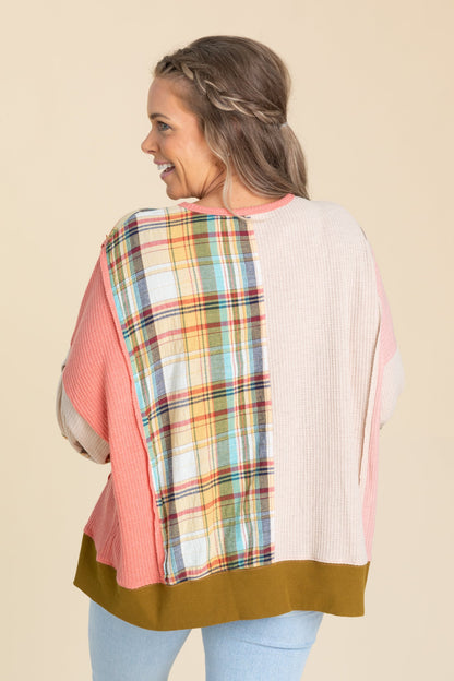 Coral Combo Plaid Daisy Patch Knit Top