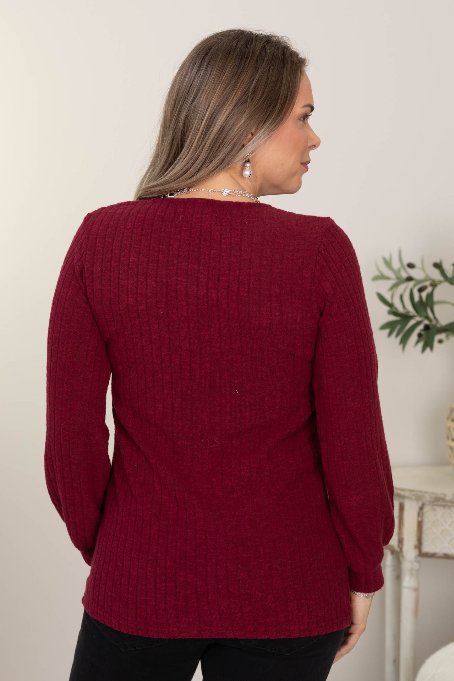 Burgundy Hacci Ribbed Top With Faux Buttons