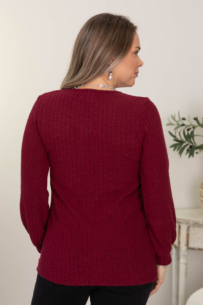 Burgundy Hacci Ribbed Top With Faux Buttons