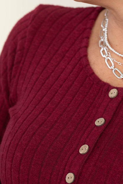 Burgundy Hacci Ribbed Top With Faux Buttons