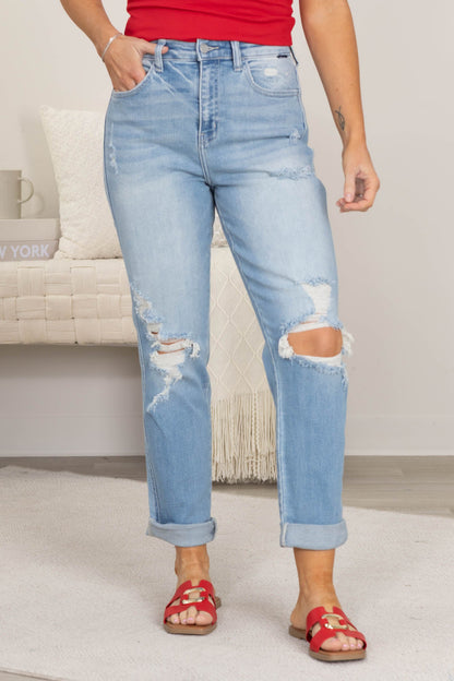 Cello Light Wash High Rise Mom Jean With Cuff