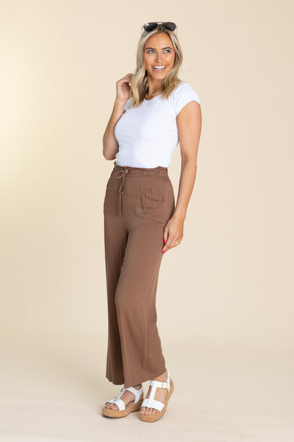 Brown Elastic Waist Wide Leg Pants