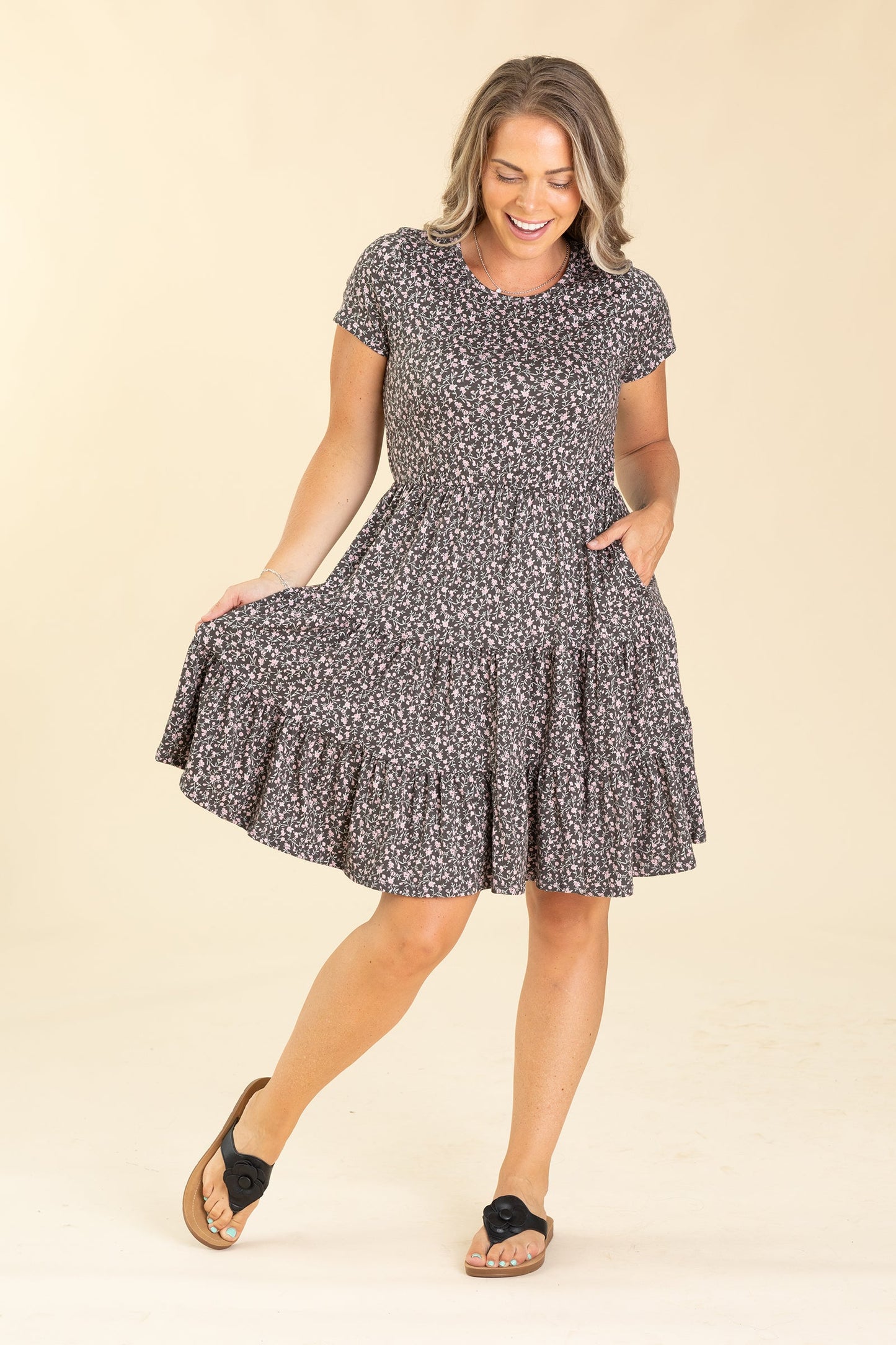 Charcoal Ditsy Floral Three Tiered Dress