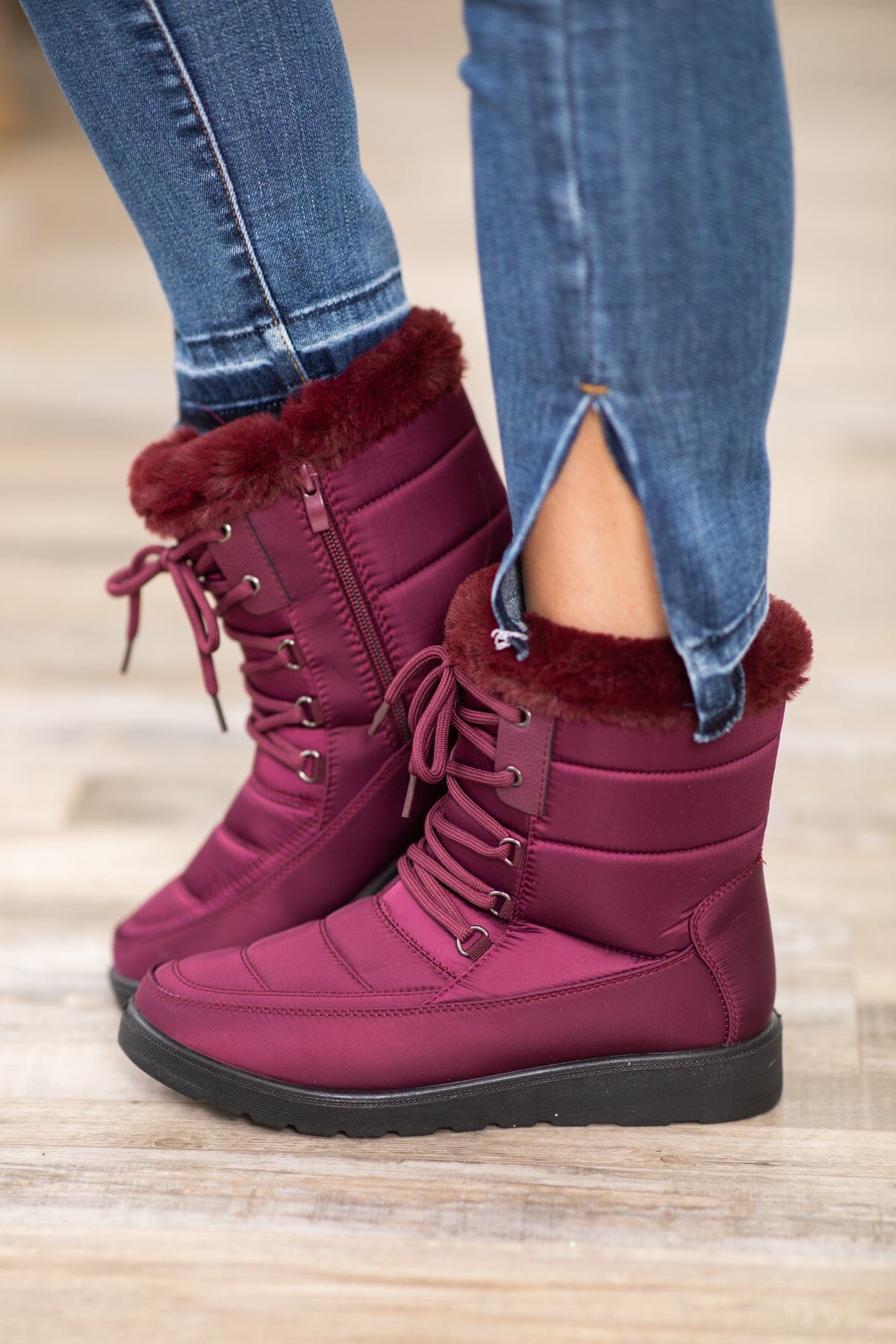 Burgundy Faux Fur Lined Quilted Boots