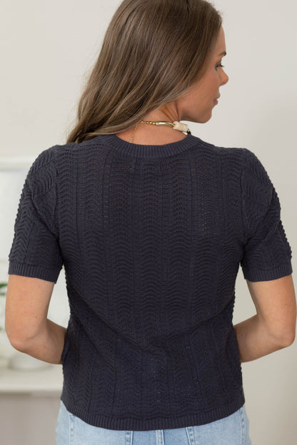 Charcoal Chevron Texture Short Sleeve Sweater Top