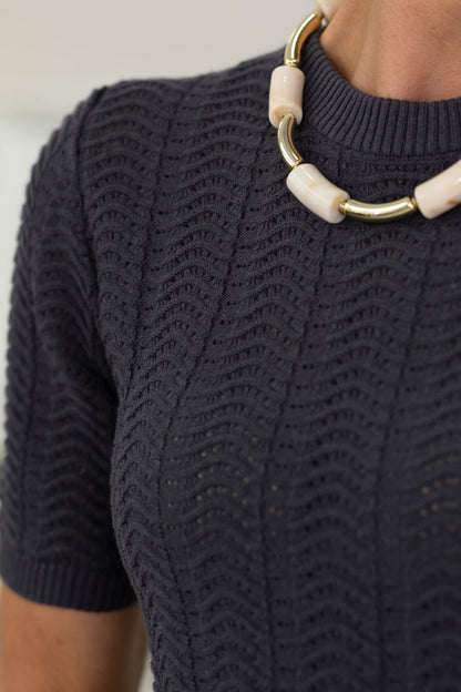 Charcoal Chevron Texture Short Sleeve Sweater Top