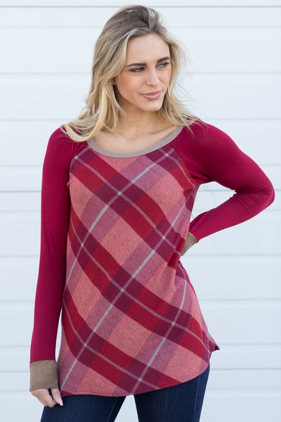 Burgundy/Mocha Plaid Long Sleeve Top