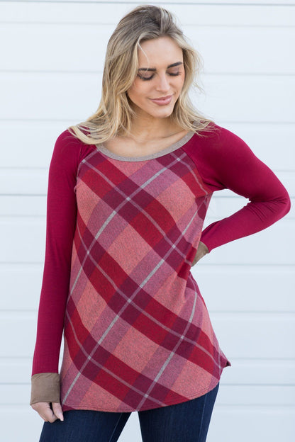 Burgundy/Mocha Plaid Long Sleeve Top
