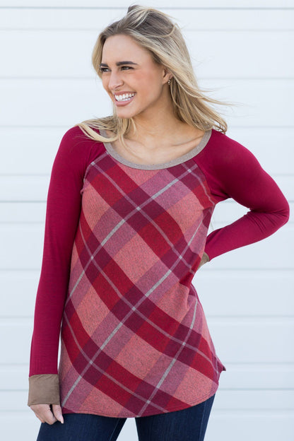Burgundy/Mocha Plaid Long Sleeve Top