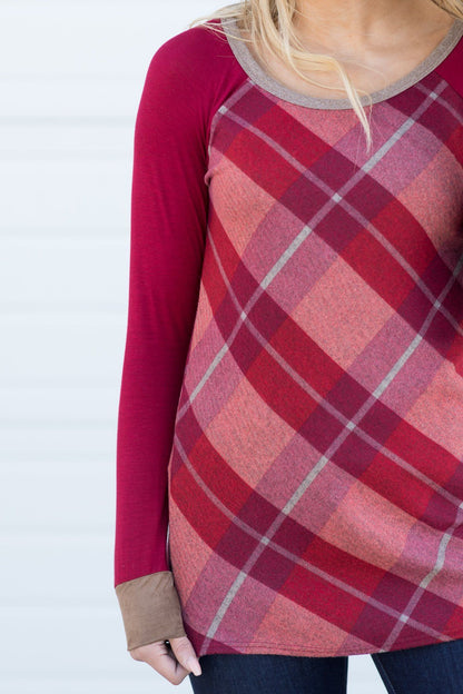 Burgundy/Mocha Plaid Long Sleeve Top