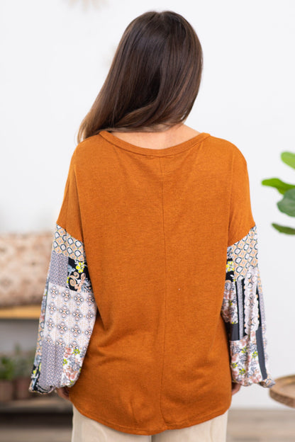 Burnt Orange Top With Paisley Print Sleeves