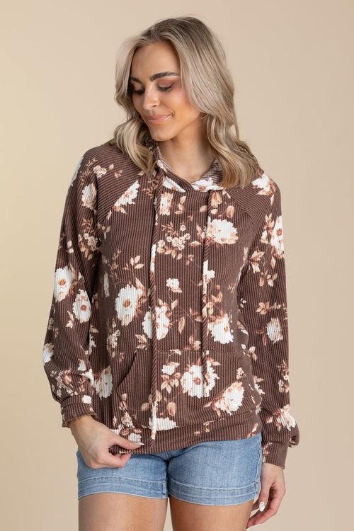 Brown Floral Ribbed Hoodie Knit Top