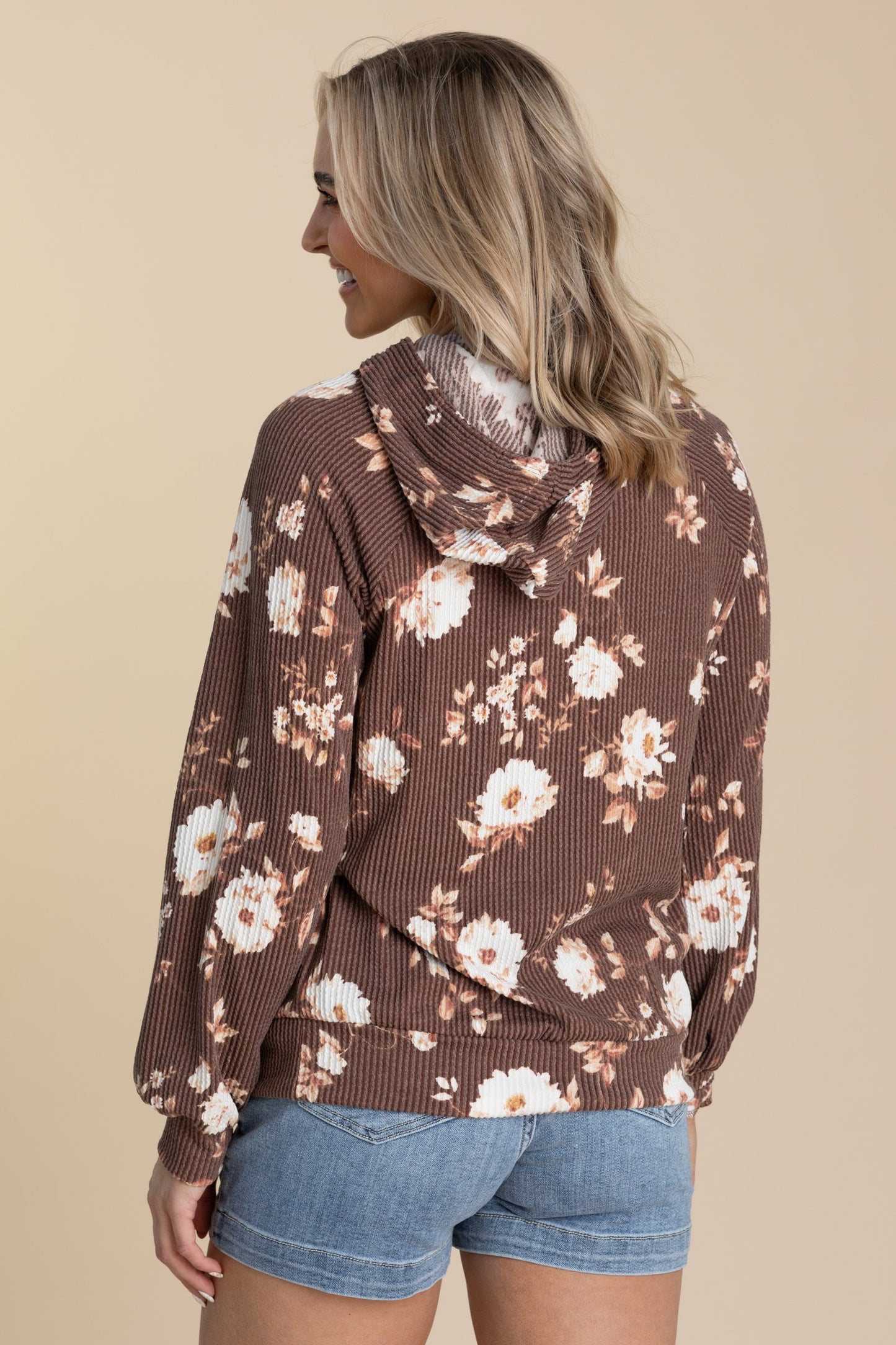Brown Floral Ribbed Hoodie Knit Top