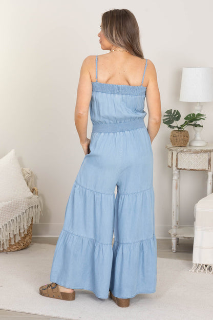 Chambray Smocked Tiered Wide Leg Jumpsuit