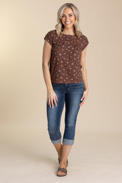 Brown Floral Button Up Knit Sleeve Top