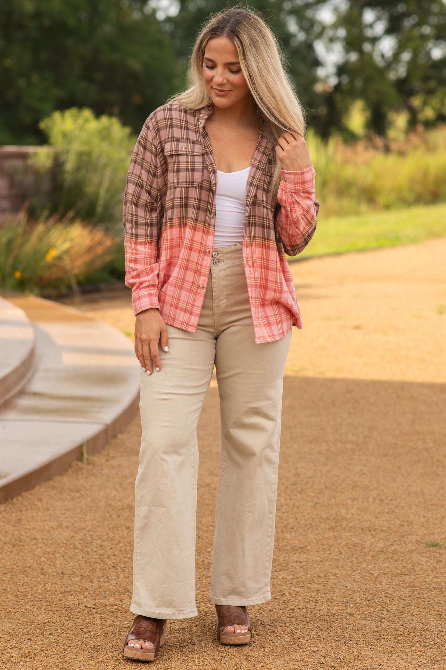 Brown Dip Bleached Plaid Woven Shirt