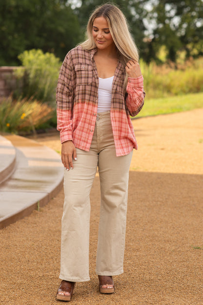 Brown Dip Bleached Plaid Woven Shirt