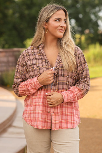Brown Dip Bleached Plaid Woven Shirt