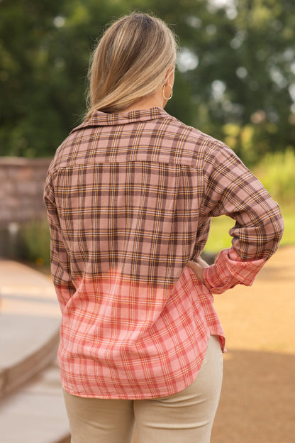 Brown Dip Bleached Plaid Woven Shirt