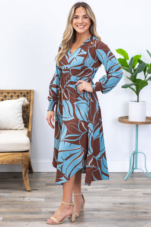 Brown and Dusty Blue Long Sleeve Maxi Dress