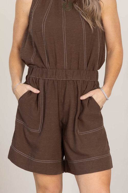 Brown Linen Blended Shorts