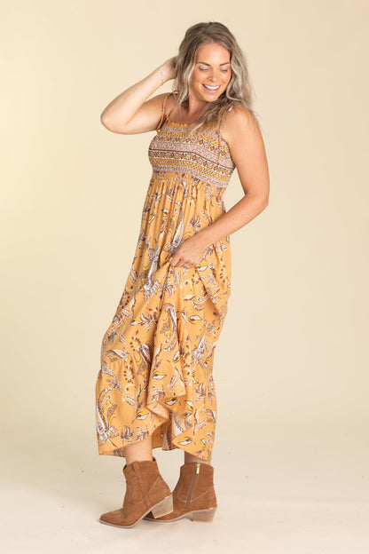 Copper Tie Shoulder Maxi Smocked Dress
